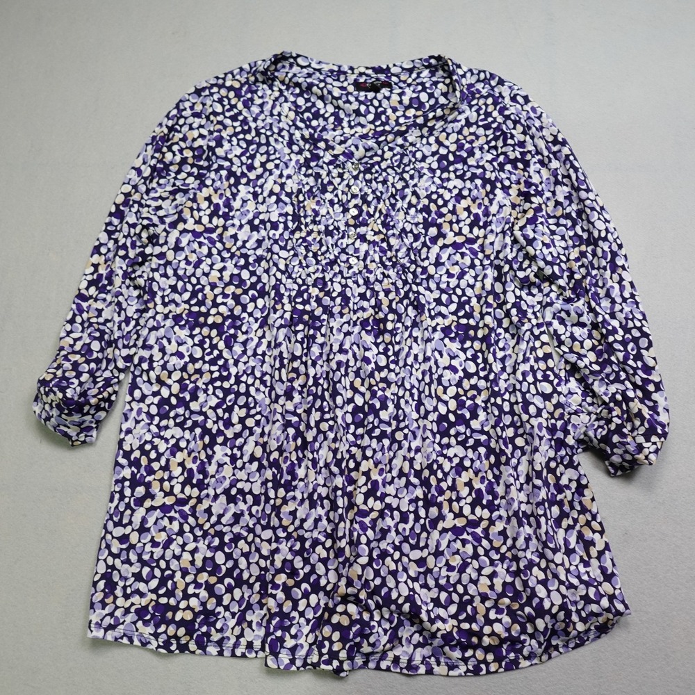 Cocomo Tunic Top Women 1X Purple Polka Dot Pleated Lightweight 3/4 Sleeve Blouse